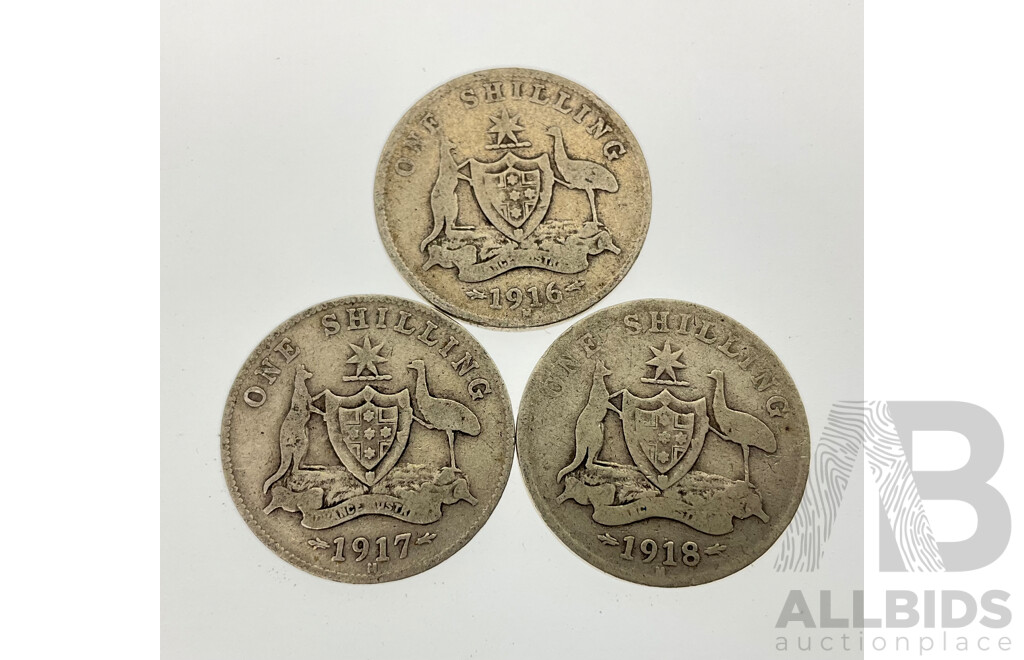 Australian KGV Silver Shillings Including 1916M, 1917M, 1918M, Melbourne Mint .925