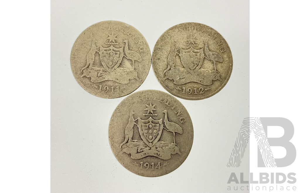 Australian KGV Silver Shillings Including 1911, 1912, 1914 .925