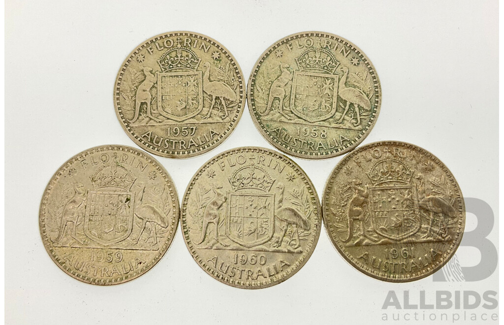 Five Australian QE2 Silver Florins Including 1957, 1958, 1959, 1960, 1961 .500