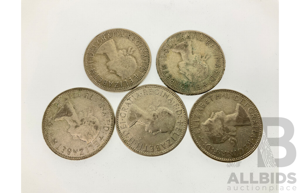 Five Australian QE2 Silver Florins Including 1957, 1958, 1959, 1960, 1961 .500