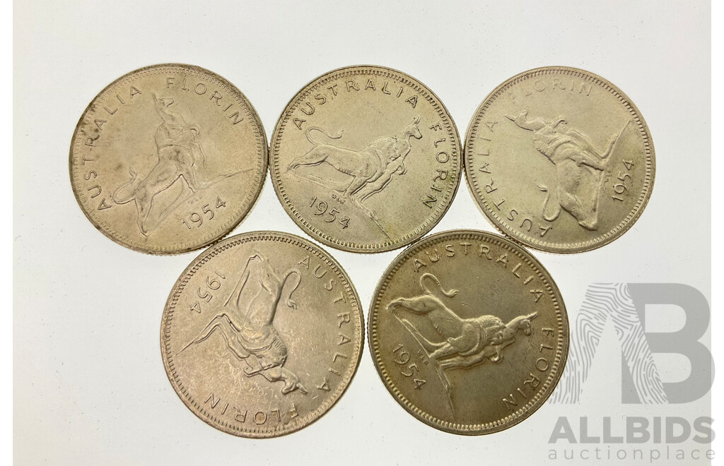 Five Australian 1954 Silver Florins, Commemorative Royal Visit  .500