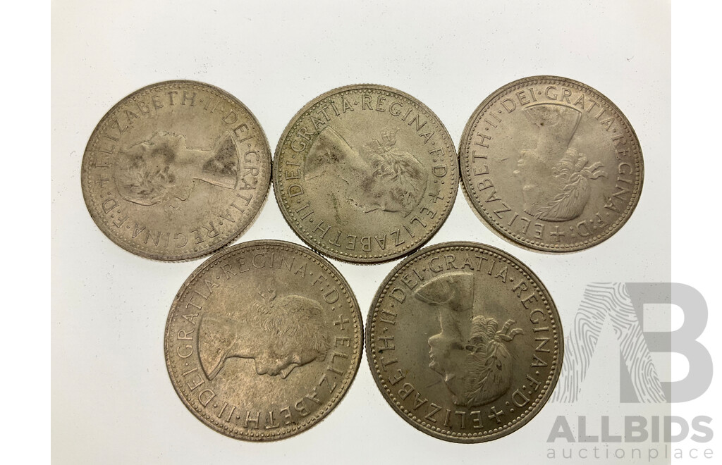 Five Australian 1954 Silver Florins, Commemorative Royal Visit  .500