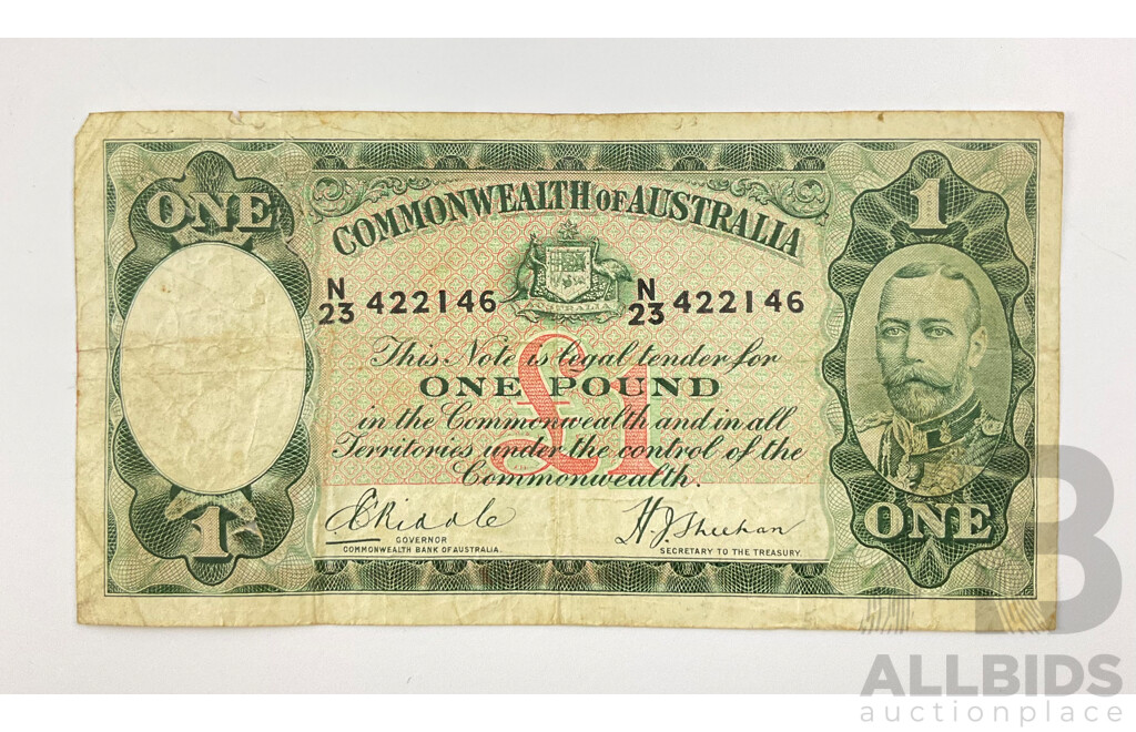 Australian 1933 One Pound Note, R28 Riddle/Sheehan, N23 422146