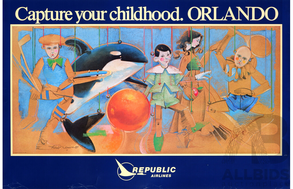 Collection of Quite Unique Retro Style Vintage Republic Airlines Colour Advertisements From 1980, Paper and Ink Posters, Featuring Varied Cities of the United States, 59 x 89 cm (approx) (8)