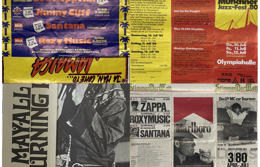 Collection of Small Vintage Music Posters and Advertising Paraphernalia, Including Munich 1980 Jazz Fest Flier, John Mayall the Turning Point Possible Album Insert, 26 x 58 cm (largest) (7)