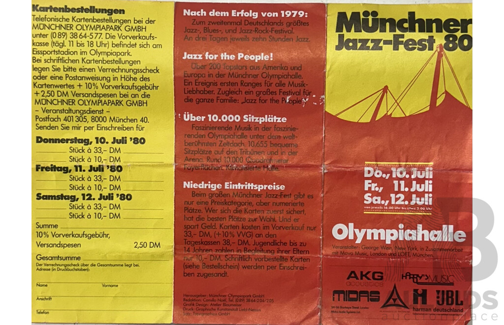 Collection of Small Vintage Music Posters and Advertising Paraphernalia, Including Munich 1980 Jazz Fest Flier, John Mayall the Turning Point Possible Album Insert, 26 x 58 cm (largest) (7)