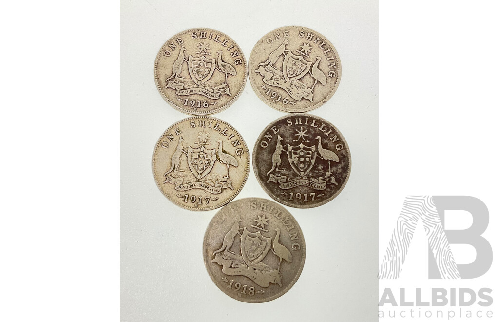 Five Australian KGV Silver Shillings, 1916M(2) 1917M(2) 1918M, All Melbourne Mint .925