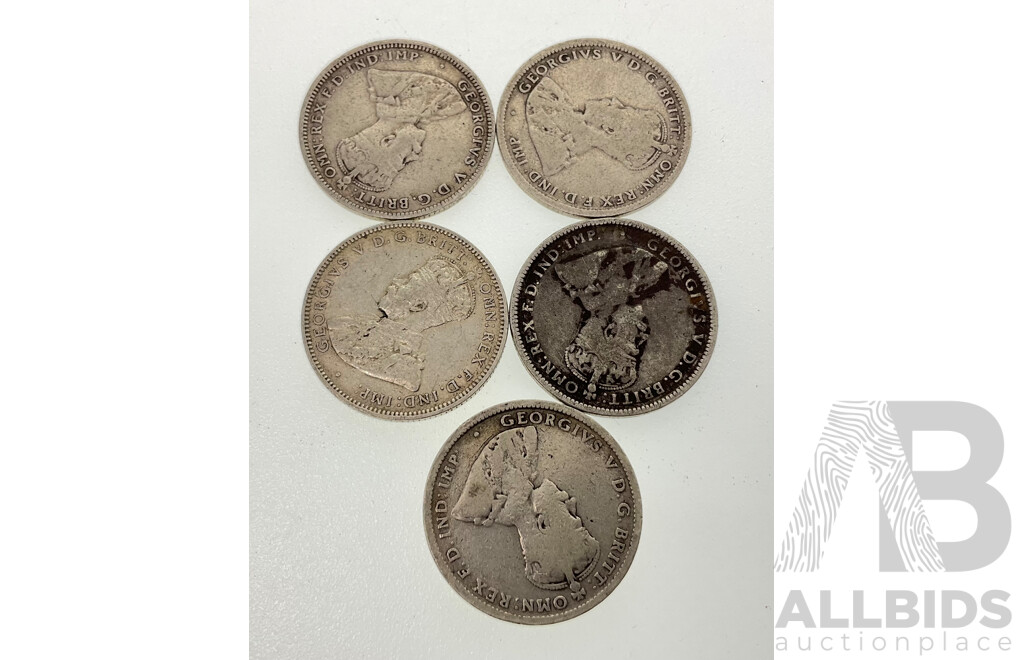 Five Australian KGV Silver Shillings, 1916M(2) 1917M(2) 1918M, All Melbourne Mint .925