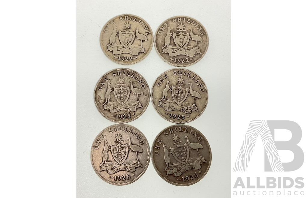 Six Australian KGV Silver Shillings Including 1922(3) 1925(2) 1926(2) .925