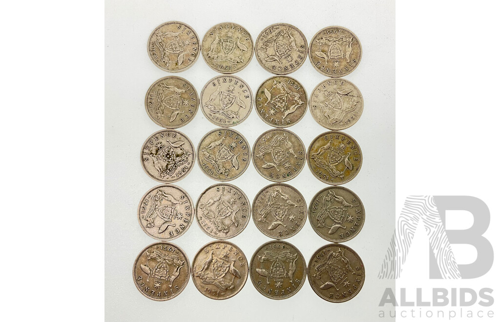 Twenty Australian KGVI 1951 Silver Sixpence Coins .500