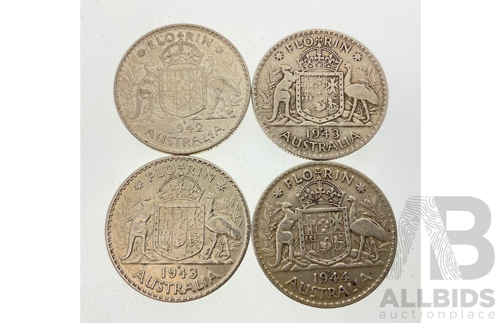 Four Australian KGVI Florins Including 1942S, 1943S(2), 1944S, All San Fransisco Mint .925