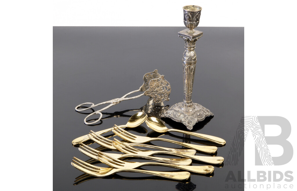 Set Eight Japanese 24CT Gold Plated Flatware Along with .800 Silver Candle Holder with Weighted Base and .800 Sugar Nips