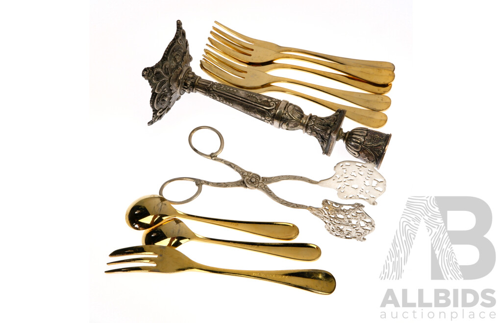 Set Eight Japanese 24CT Gold Plated Flatware Along with .800 Silver Candle Holder with Weighted Base and .800 Sugar Nips