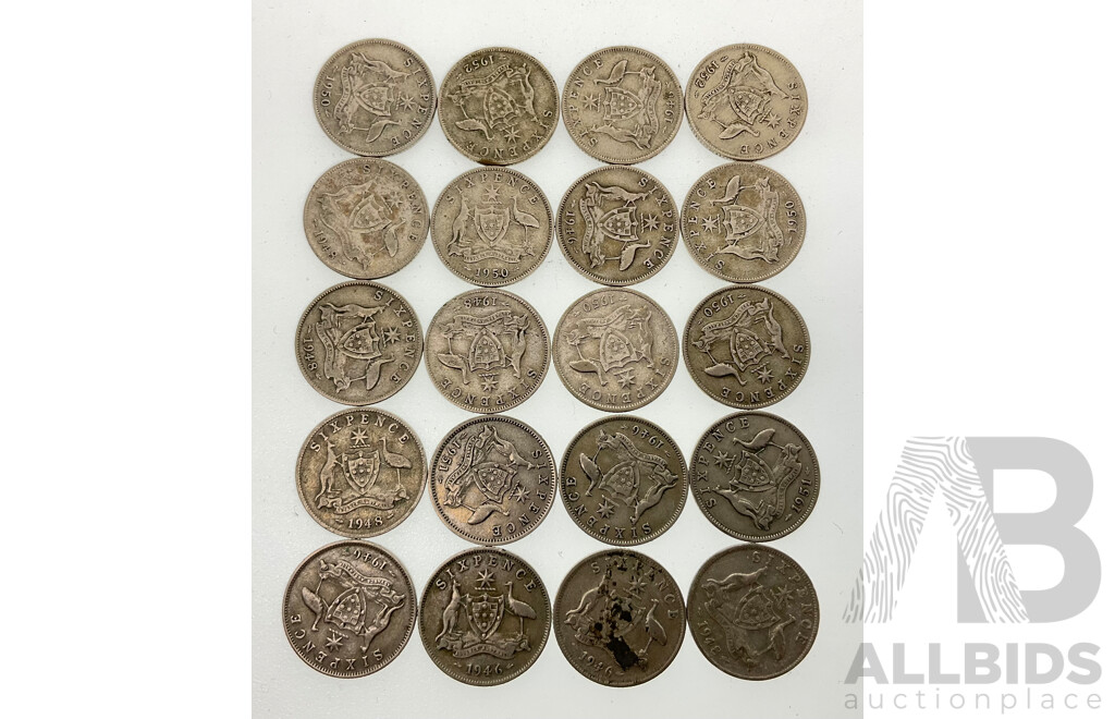 Twenty Australian KGVI Post 1945 Sixpence Coins .500