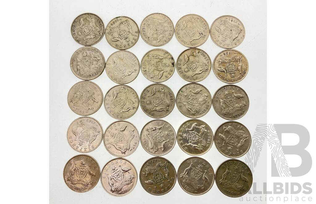 Twenty Five Australian QE2 Sixpence Coins .500