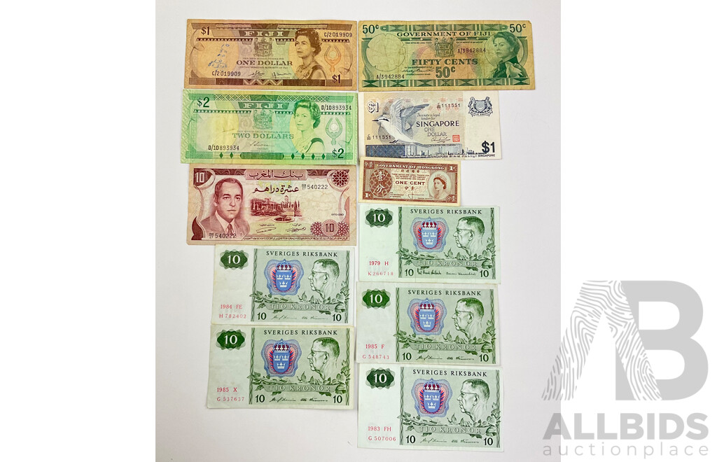 Collection of Vintage Paper Banknotes Including Hong Kong One Cent, Fiji Two, One Dollar and Fifty Cents, Singapore One Dollar, Sweden Ten Kroner(5)