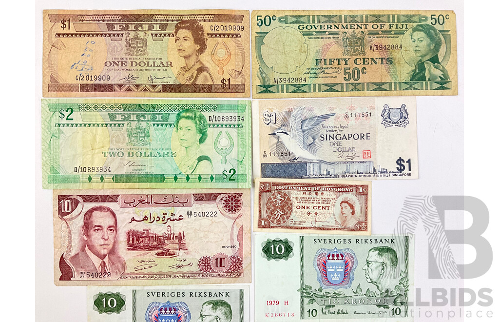 Collection of Vintage Paper Banknotes Including Hong Kong One Cent, Fiji Two, One Dollar and Fifty Cents, Singapore One Dollar, Sweden Ten Kroner(5)