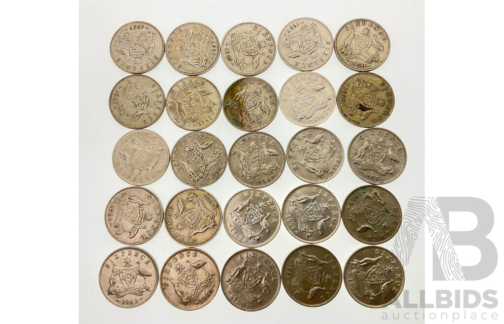 Twenty Five Australian QE2 Silver Sixpence, Examples From 1955 to 1963