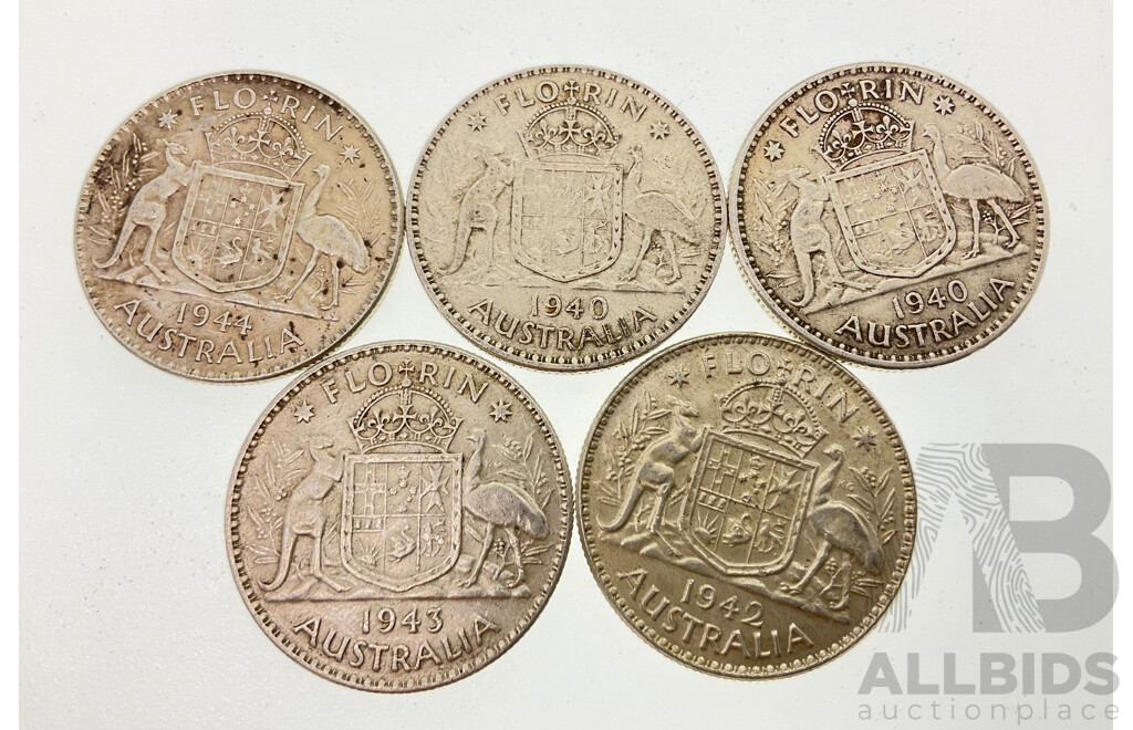 Five Australian KGVI Silver Florins Including 1940(2) 1942, 1943, 1944 .925