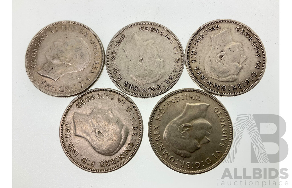 Five Australian KGVI Silver Florins Including 1940(2) 1942, 1943, 1944 .925