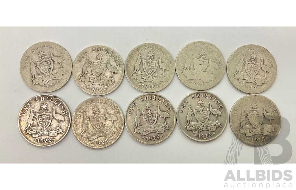 Ten Australian KGV Silver Shilling Coins, Examples From 1911 - 1925 Including Melbourne Mint 1916 and 1918  (.925)