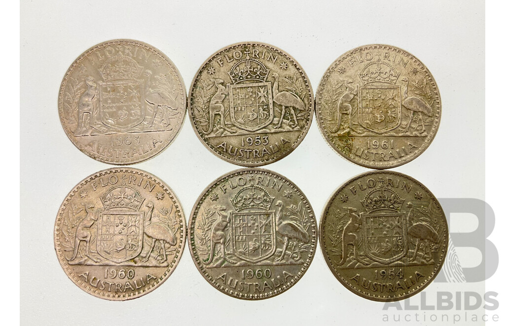 Six Australian QE2 Silver Florins .500