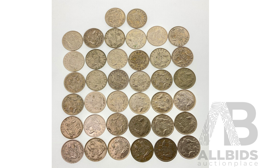 Thirty Eight Australian KGVI and QE2 Silver Sixpence, Examples From 1950 to 1963 .500