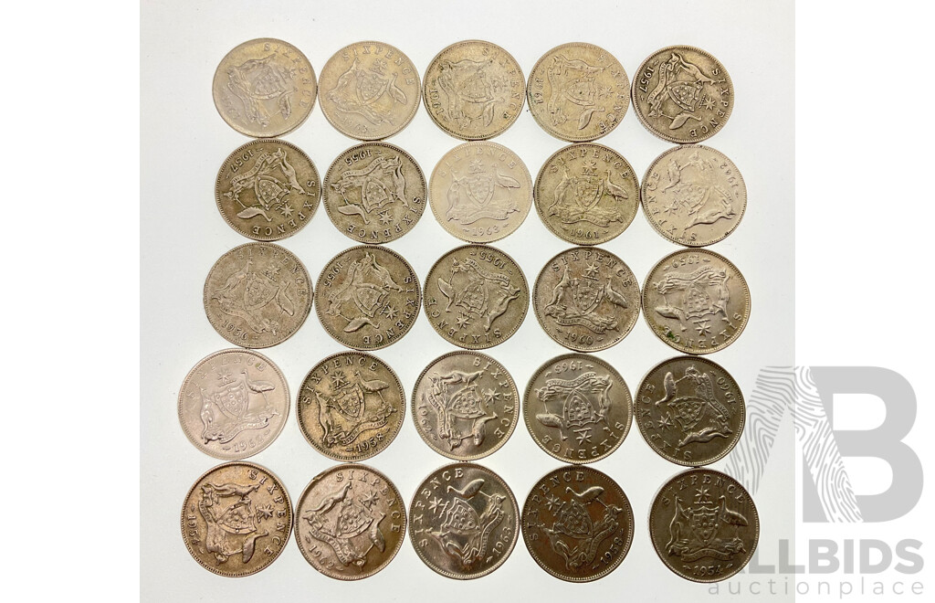 Twenty Five Australian QE2 Silver Sixpence Coins, Examples Spanning Years 1954 to 1963
