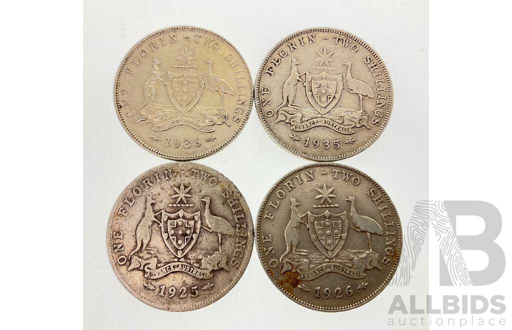 Four Australian KGV Silver Florins 1925, 1926, 1935, 1936 .925