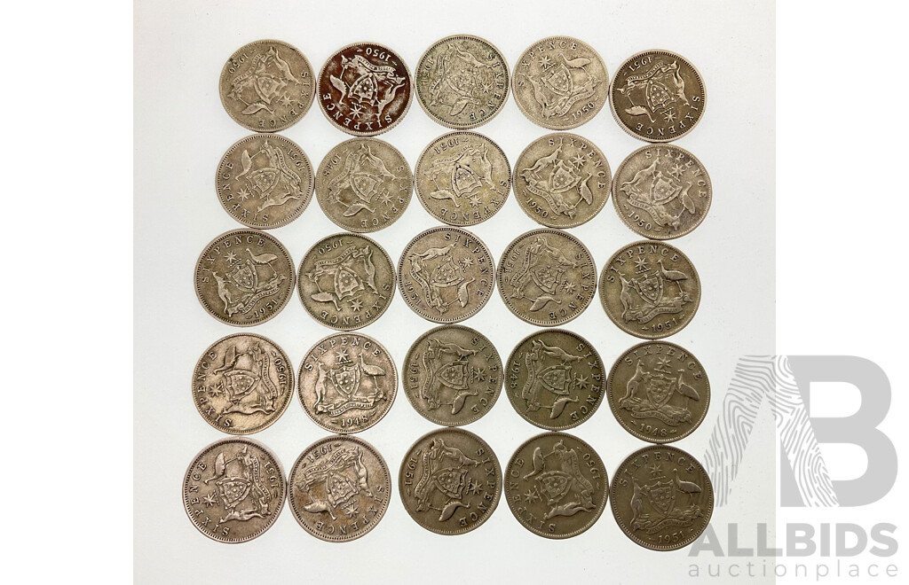 Twenty Five Australian QE2 Silver Sixpence Coins, Examples Spanning Years 1948 to 1951