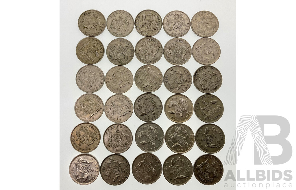 Thirty Australian Silver Sixpence Coins, Examples Spanning 1954 to 1963 .500