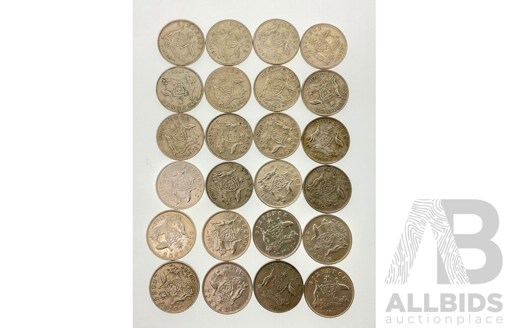 Twenty Four Australian Silver Sixpence Coins, Examples Spanning 1954 to 1963 .500