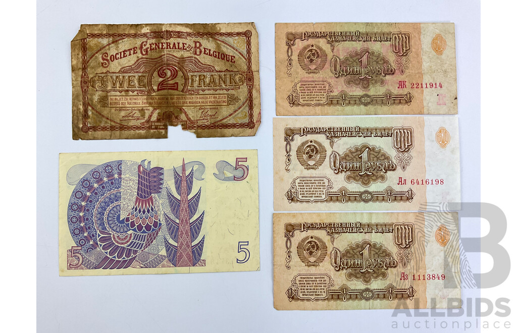 Belgium 1916 Two Francs Note, Three USSR 1961 One Ruble Notes, Sweden 1977 Five Kroner Note