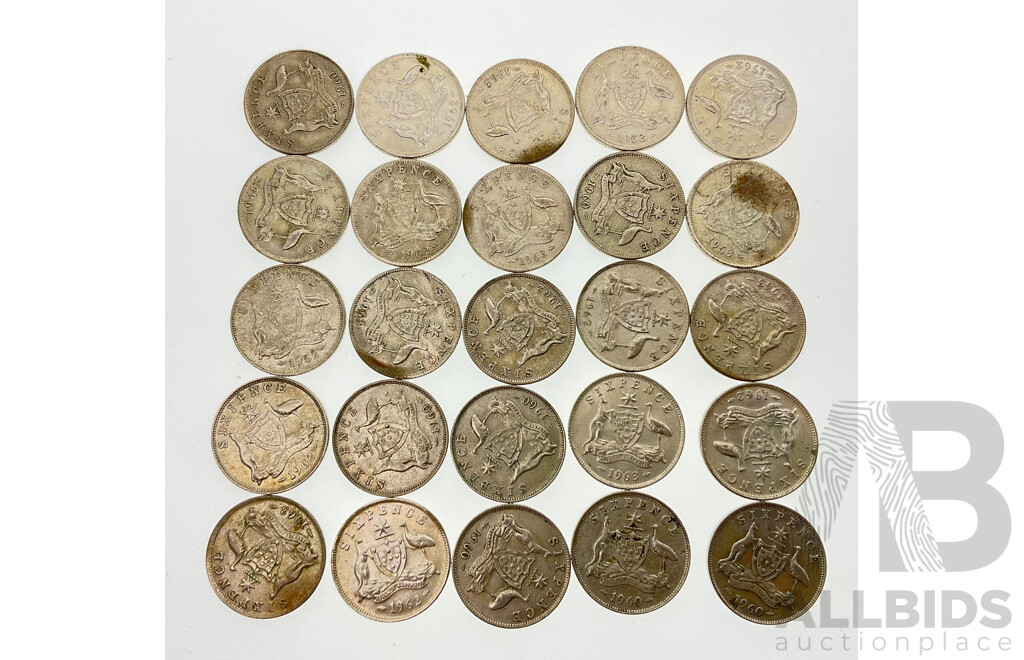 Twenty Five Australian QE2 Silver Sixpence Coins, Examples Spanning Years 1960 to 1963