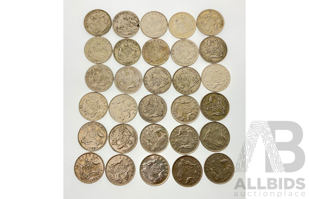 Thirty Australian QE2 Silver Sixpence Coins, Examples Spanning Years 1954 to 1962