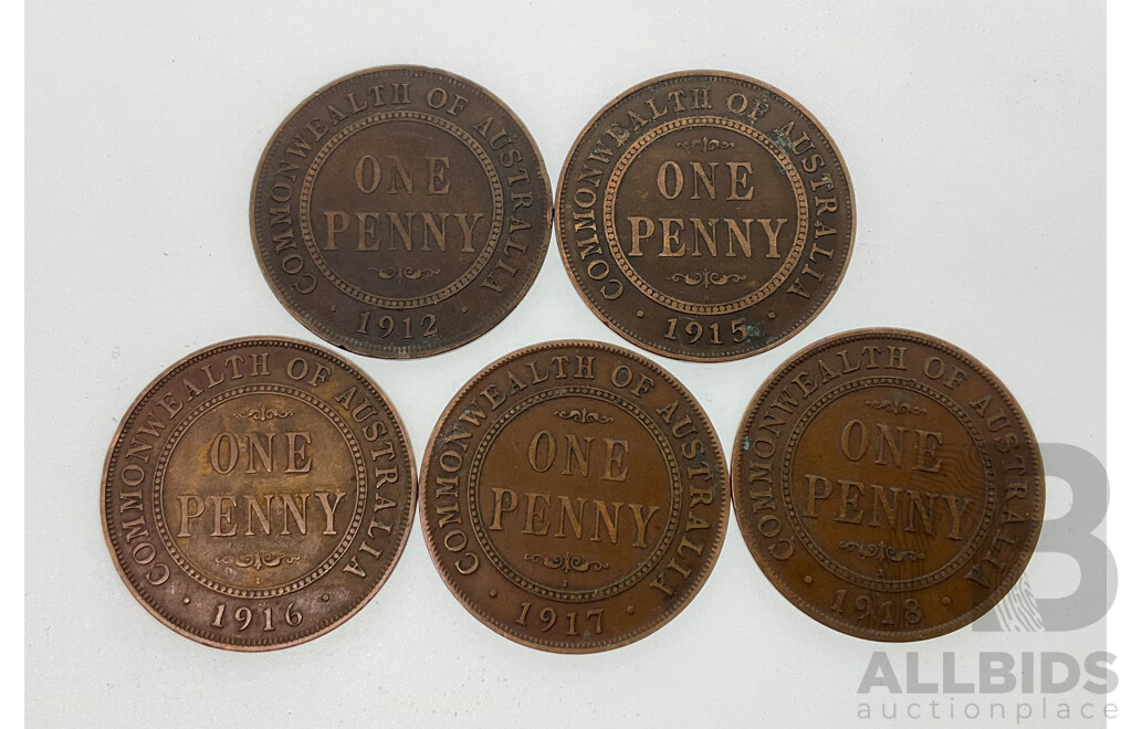 Five Foreign Mint Australian KGV Pennies Including 1912H, 1915H, 1916I, 1917I, 1918I.