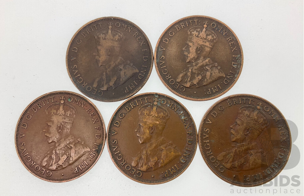 Five Foreign Mint Australian KGV Pennies Including 1912H, 1915H, 1916I, 1917I, 1918I.