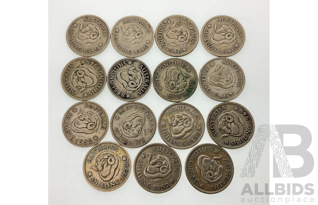 Fifteen Australian KGVI Silver Shillings, Including 1946(5) 1948(4) 1950(3) 1952(3)