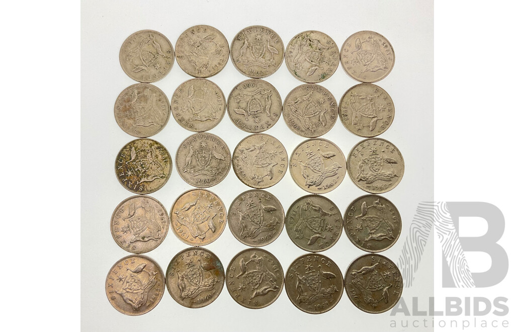 Twenty Five Australian 1960's Silver QE2 Sixpence .500