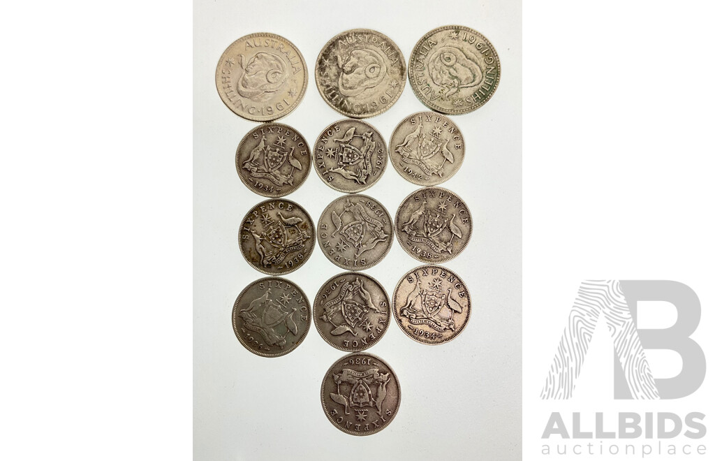 Three Australian 1960 Silver Shillings with Ten Silver Sixpence 1934(2) 1936(3) 1938(3) 1942(2)