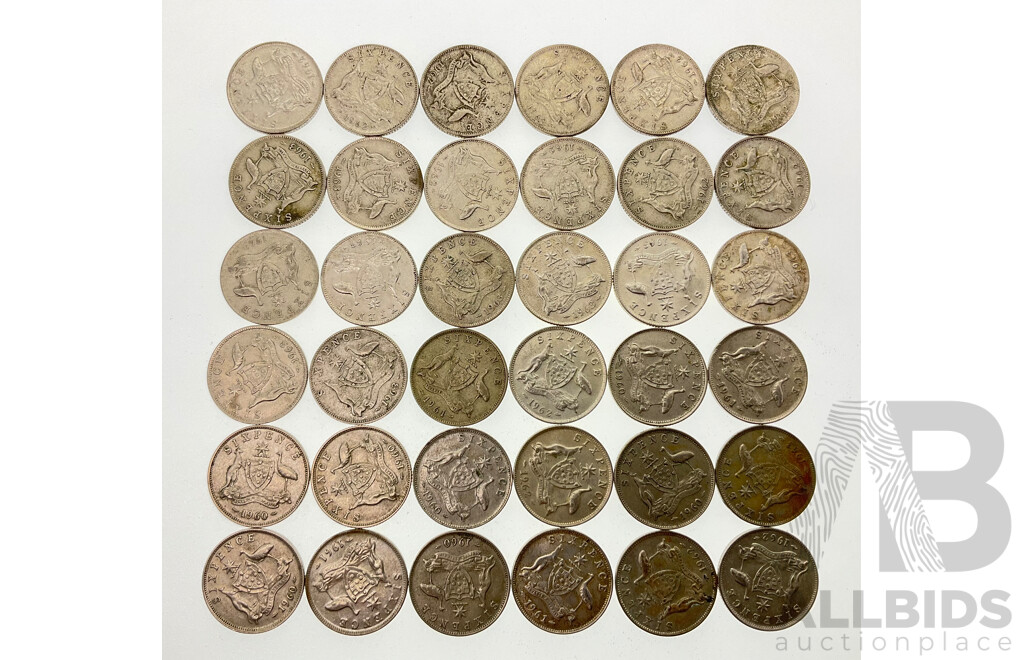 Thirty Six Australian QE2 Silver Sixpence Coins, 1960 to 1963