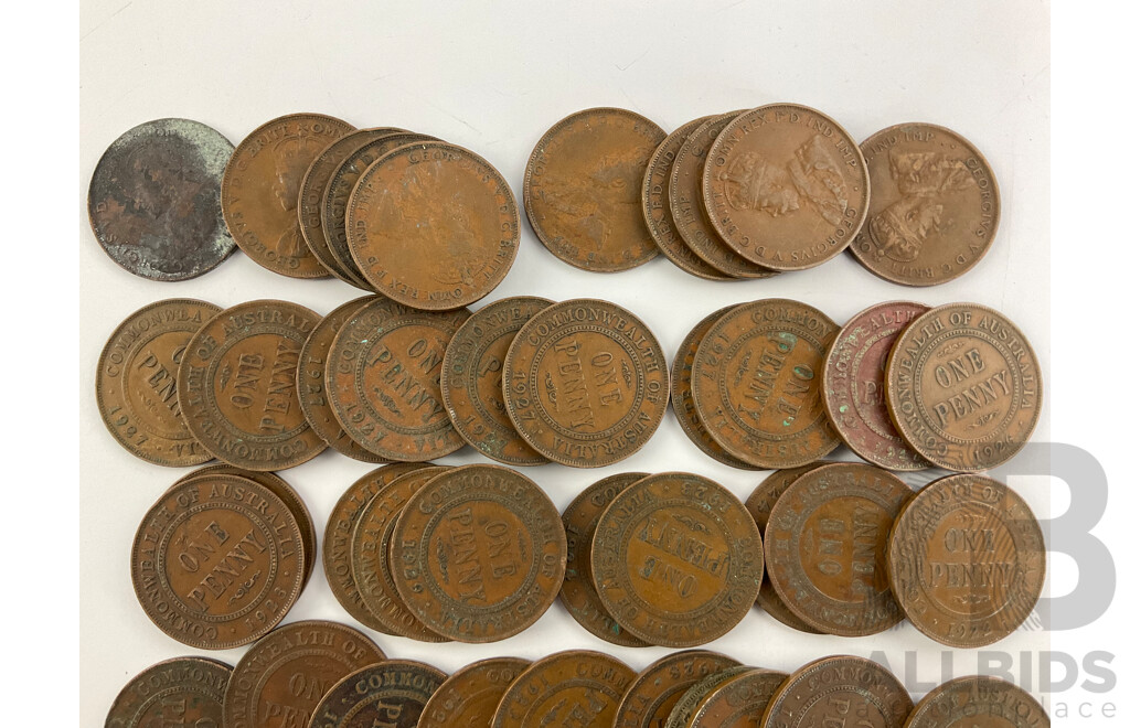 Collection of Australian KGV One Pennies, Examples Spanning 1921 to 1929