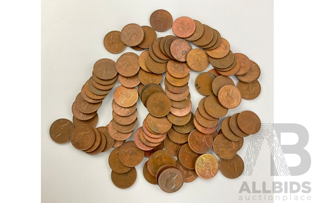 Collection of Australian QE2 One Pennnies Examples Spanning 1953 to 1964, Approximately 100 Coins