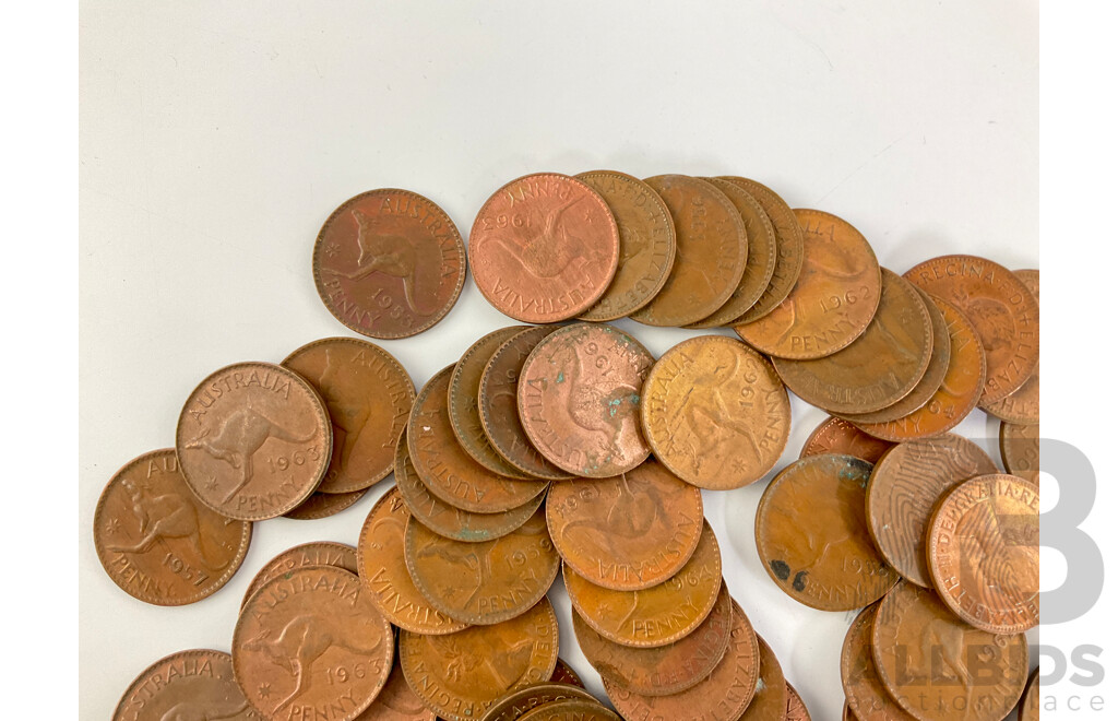Collection of Australian QE2 One Pennnies Examples Spanning 1953 to 1964, Approximately 100 Coins