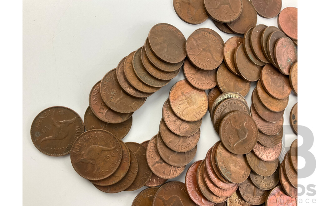 Collection of Australian QE2 One Pennnies Examples Spanning 1953 to 1964, Approximately 100 Coins