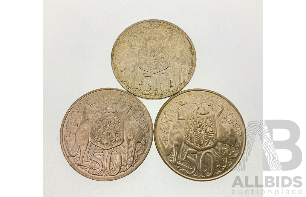Three Australian 1966 Round Silver Fifty Cent Coins .800