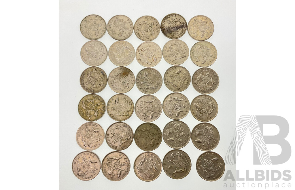 Thirty Australian QE2 Silver Sixpence, Examples Spanning 1960 to 1963 .500
