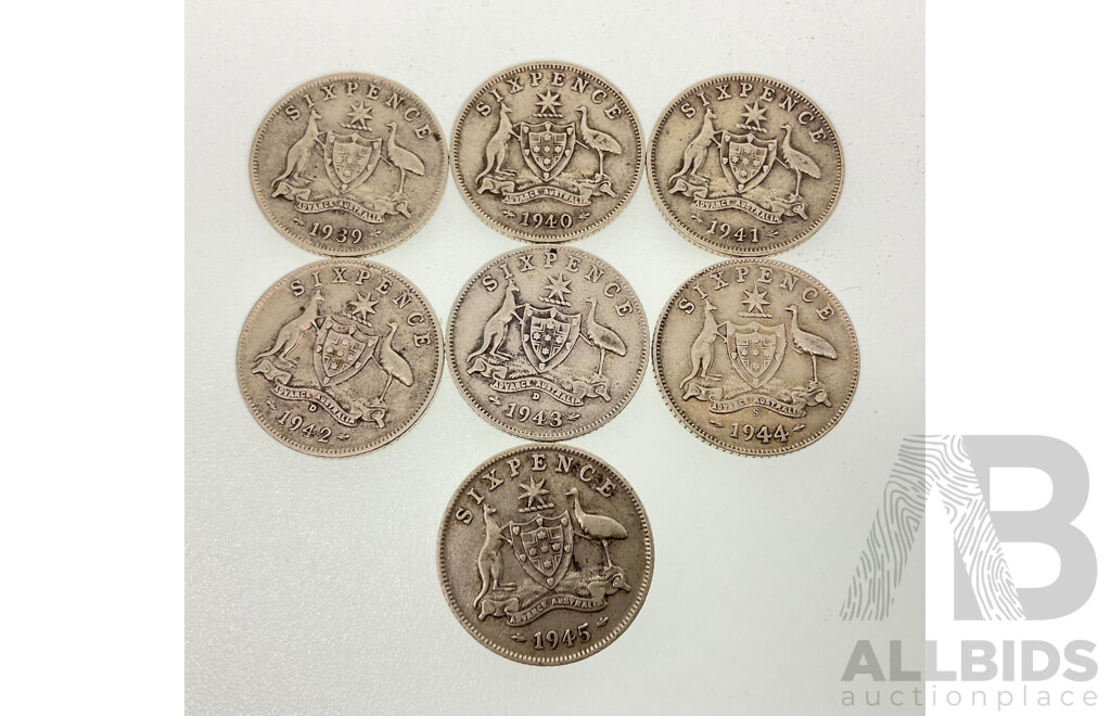 Australian KGVI Silver Sixpence, Consecutive 1939 to 1945 Including Denver and San Francisco Mints .925
