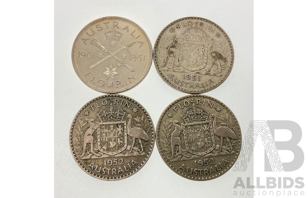 Australian 1951 and 1952 Silver Florins Including 1951 Commemorative .500