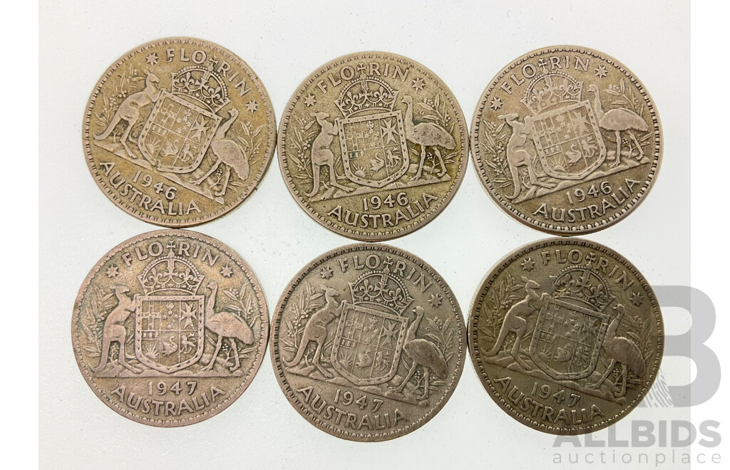 Six Australian KGVI Silver Florins, 1946(3) 1947(3) .500